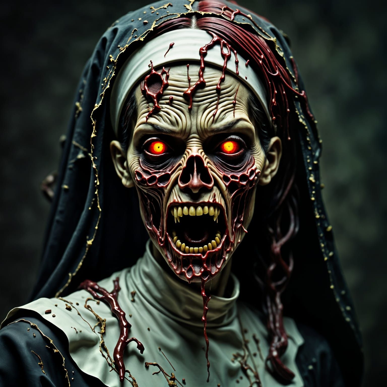 A terrifying ultra-detailed half body portrait of a female zombie with rotting, peeling flesh and exposed muscle. Her hollow, RED glowing ey...