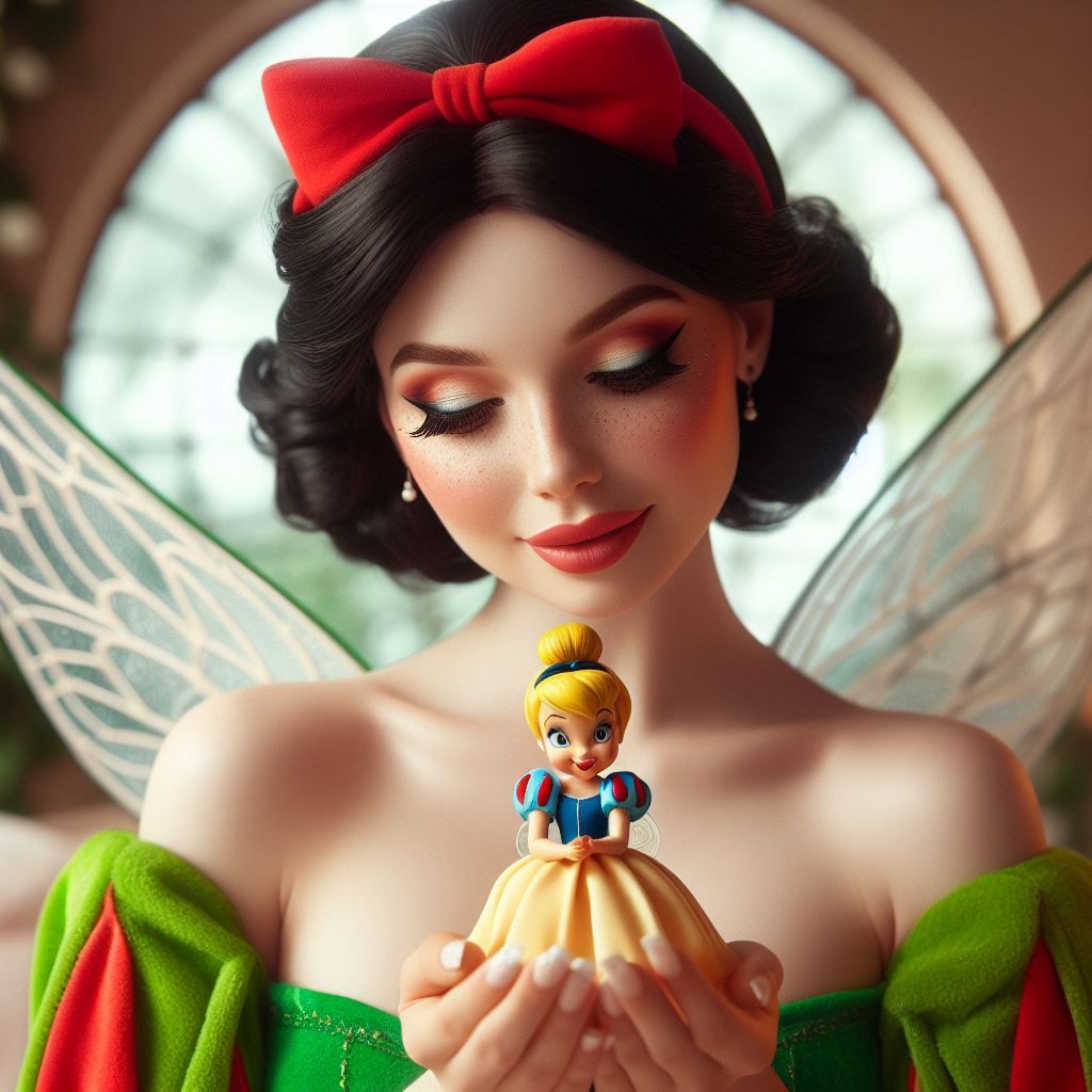 Snow White holding Tink, who is wearing Snow's dress