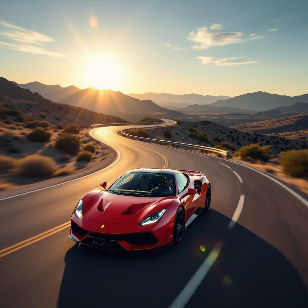 Red Sports Car Speeds Down Winding Road