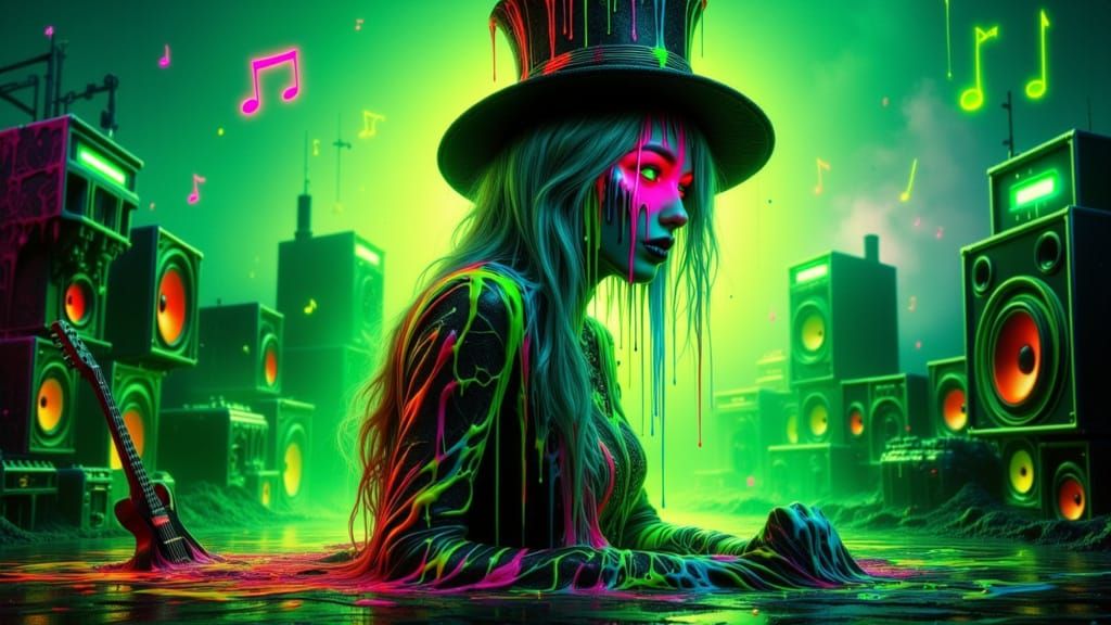 <lora:Melting Colors:1.0> Female Mad Hatter in neon glitch Wonderland, wild multi-coloured hair, glowing mismatched eyes, dripping melting f...