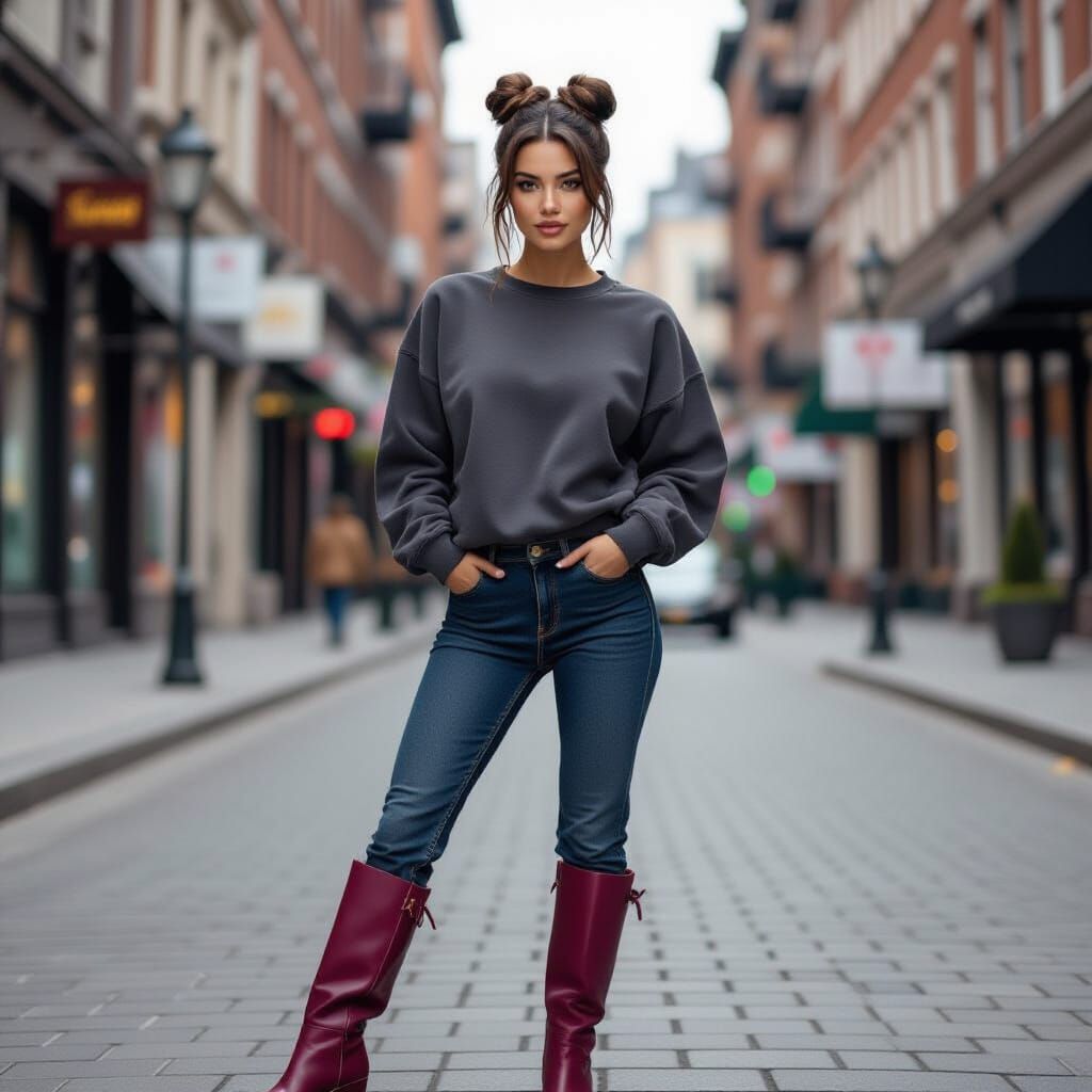 An irresistibly and beautiful serious straight-haired black-eyed bombshell brunette woman, with flushed bright rosy cheeks and two buns, wit...