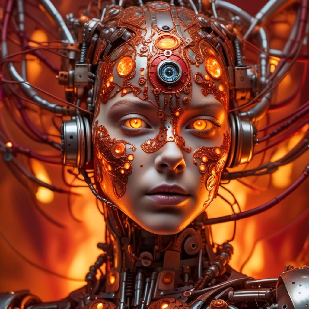 A close-up portrait, face illuminated by dancing flames, eyes shimmering like embers, skin aglow with warm hues of red, orange, and yellow....