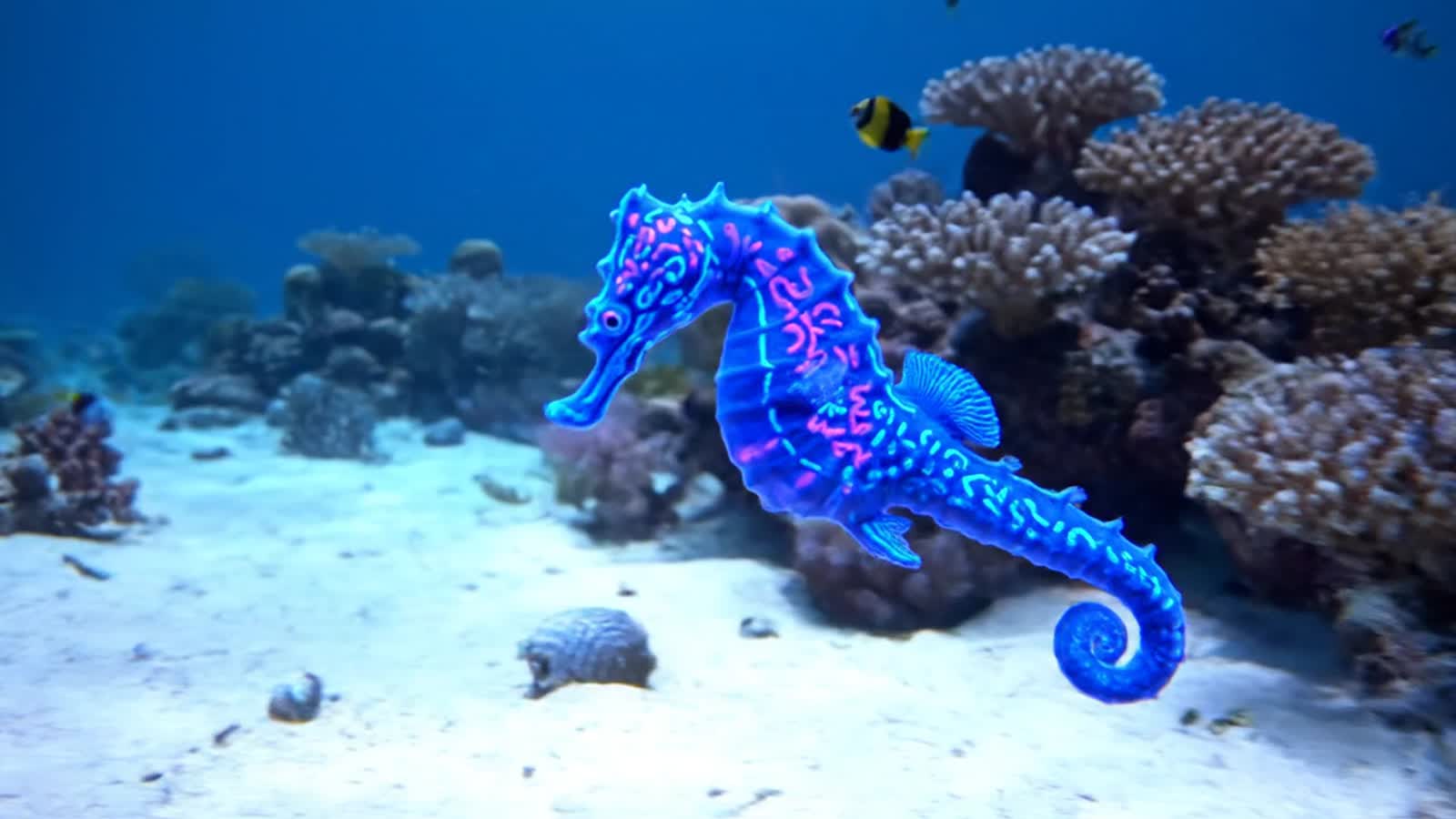 A neon blue sea horse, with neon purple intricate designs, swimming along the sea floor