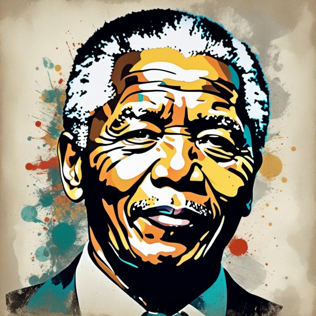 <lora:Pop Art Grunge:1.0> Pop art style with a grunge art filter, Nelson Mandela, 2D, visually striking and intriguing, contrast, correct an...