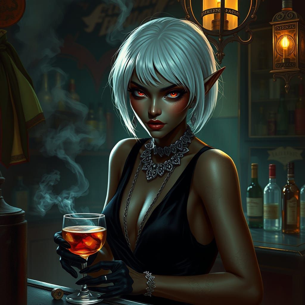 Dark Elf Rogue in 1920s Speakeasy, Art Nouveau Style