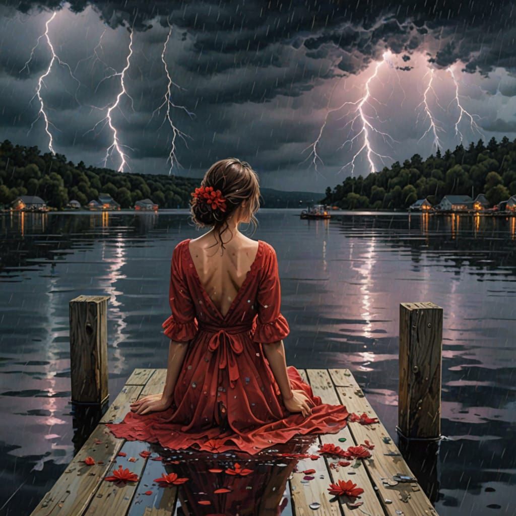 Woman Waiting Alone on Stormy Dock at Dusk