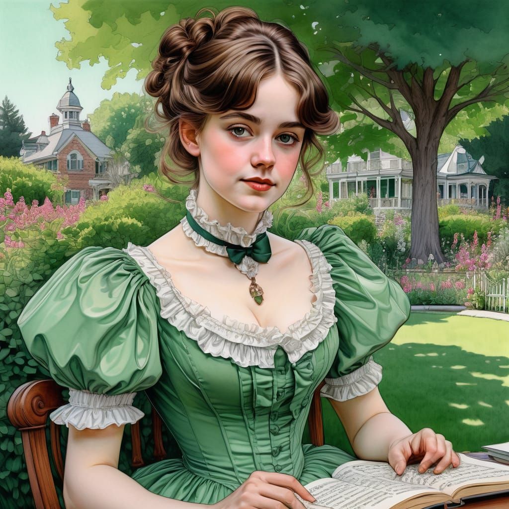 victorian writer in green dress