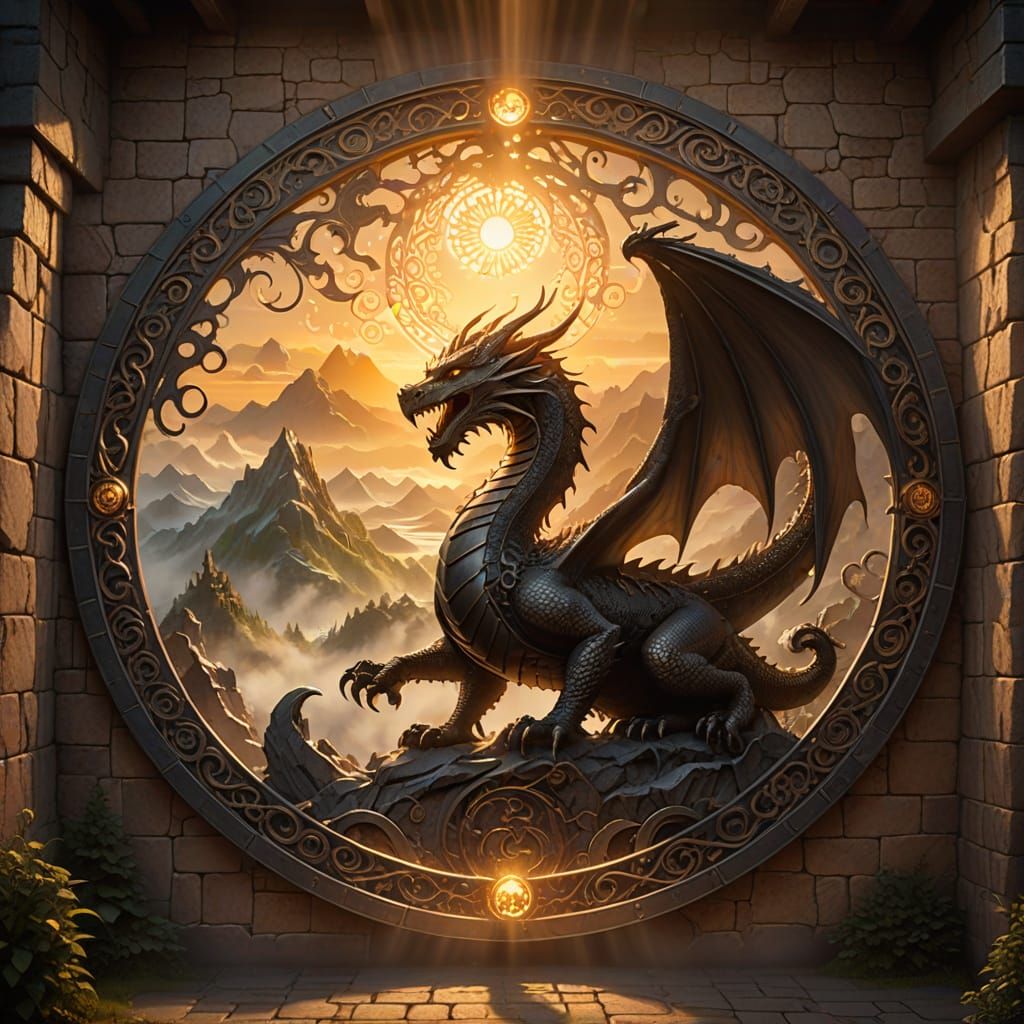 Metal Wall with Viking patterns cut out in a circle and a dragon cut out in the middle. Sun Light shines through behind it ethereal fantasy ...