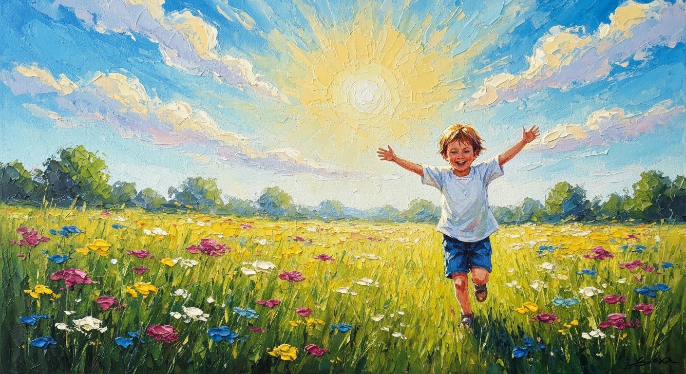 Joyful Child Running in Sunlit Meadow Impasto Gouache