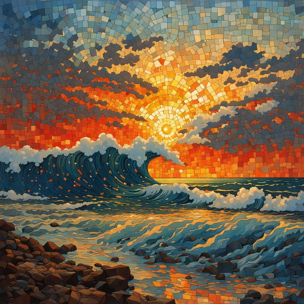 BEAUTIFUL sunset big waves ,blues oranges YELLOWS reds Gerald Brom 8K resolution mixed media mosaic  by @eileenMcC