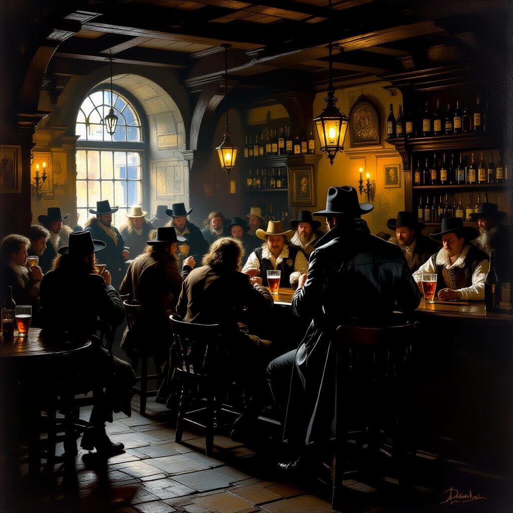 Old masters style oil painting featuring an early 17th Century public house, with roisterous and drunken revellers. Quietly drinking at the ...