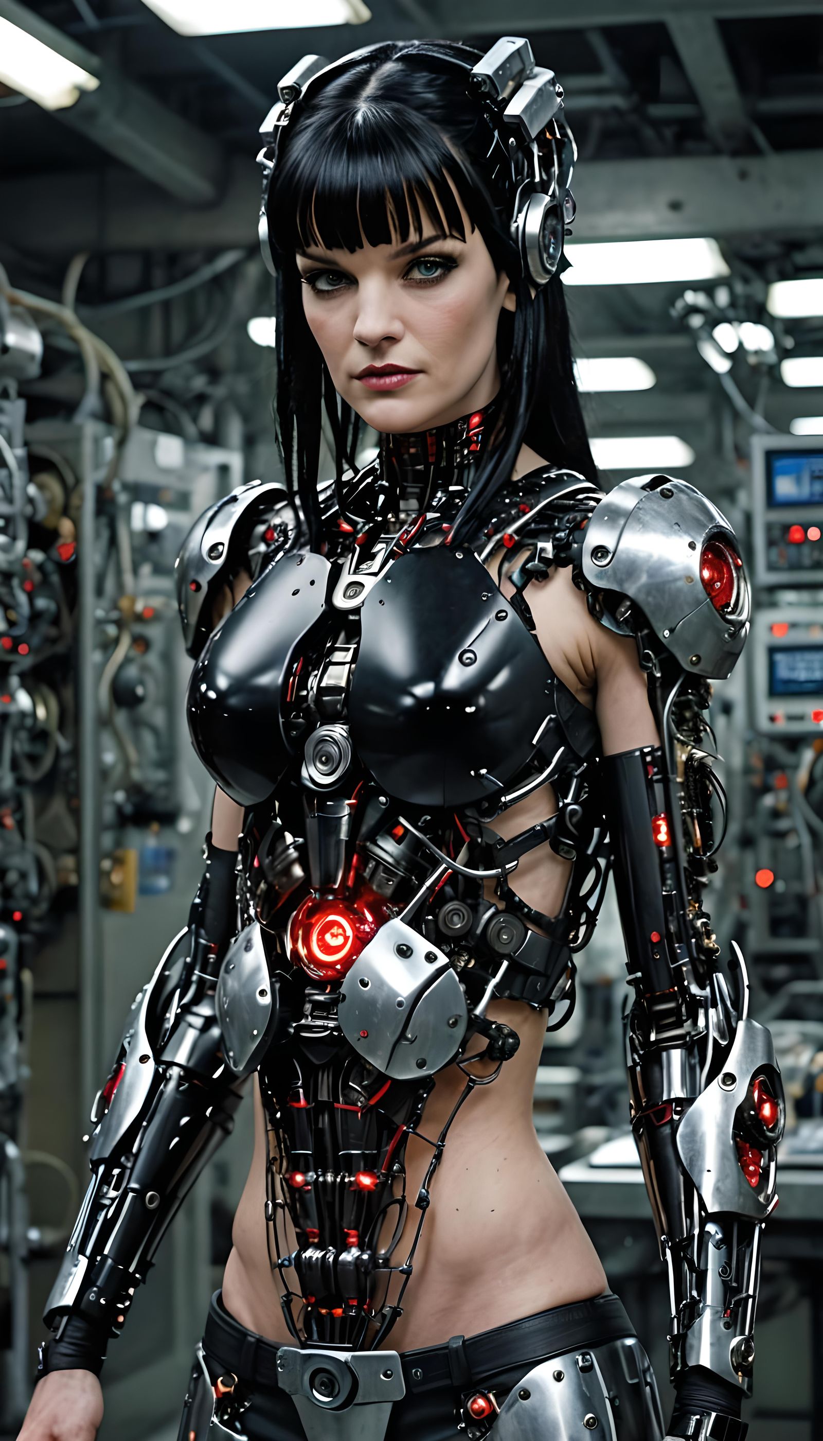 Pauley Perrette as a cyborg, half human, half robot. intricate circuity