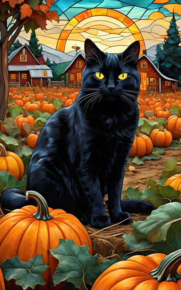 Black cat and pumpkins