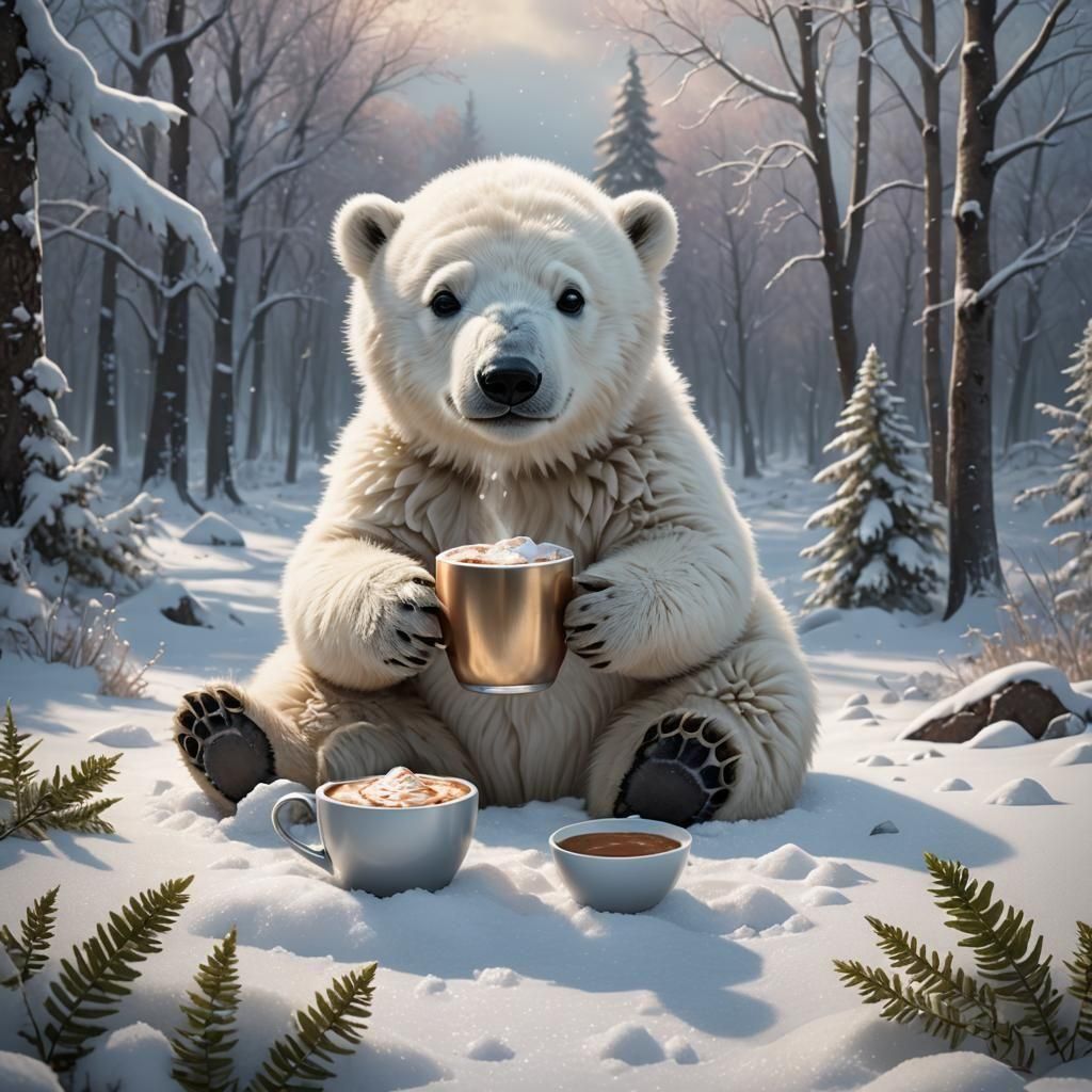 A baby polar bear enjoying a cup of hot chocolate
