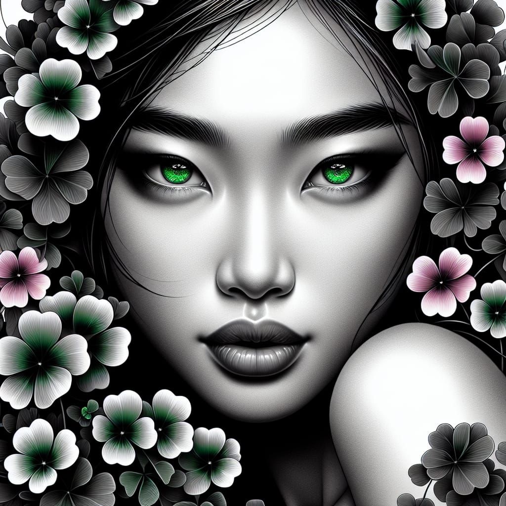A black and white image of a beautiful woman with emerald gr...
