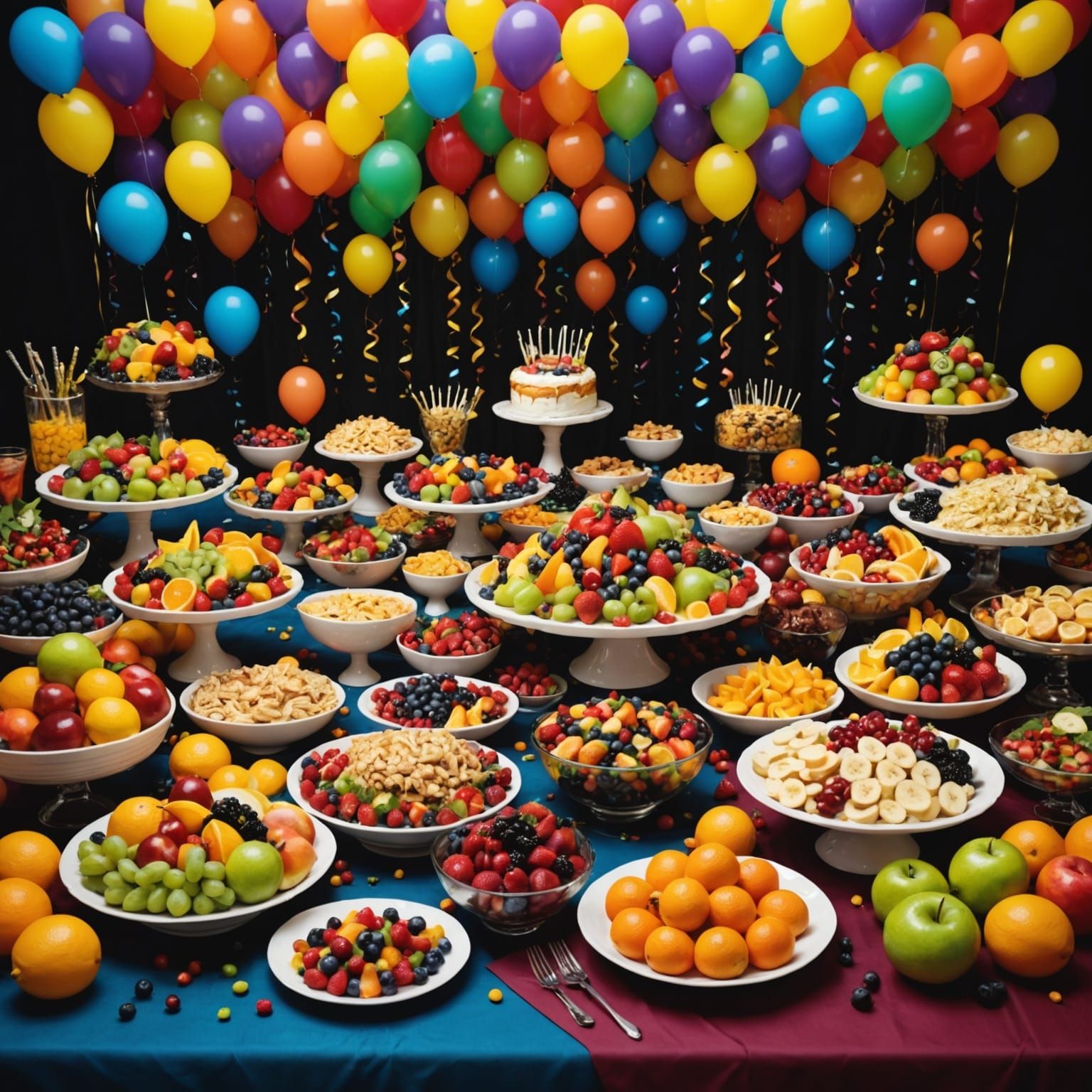 Overflowing Table of Food, Fruit, and Decorations