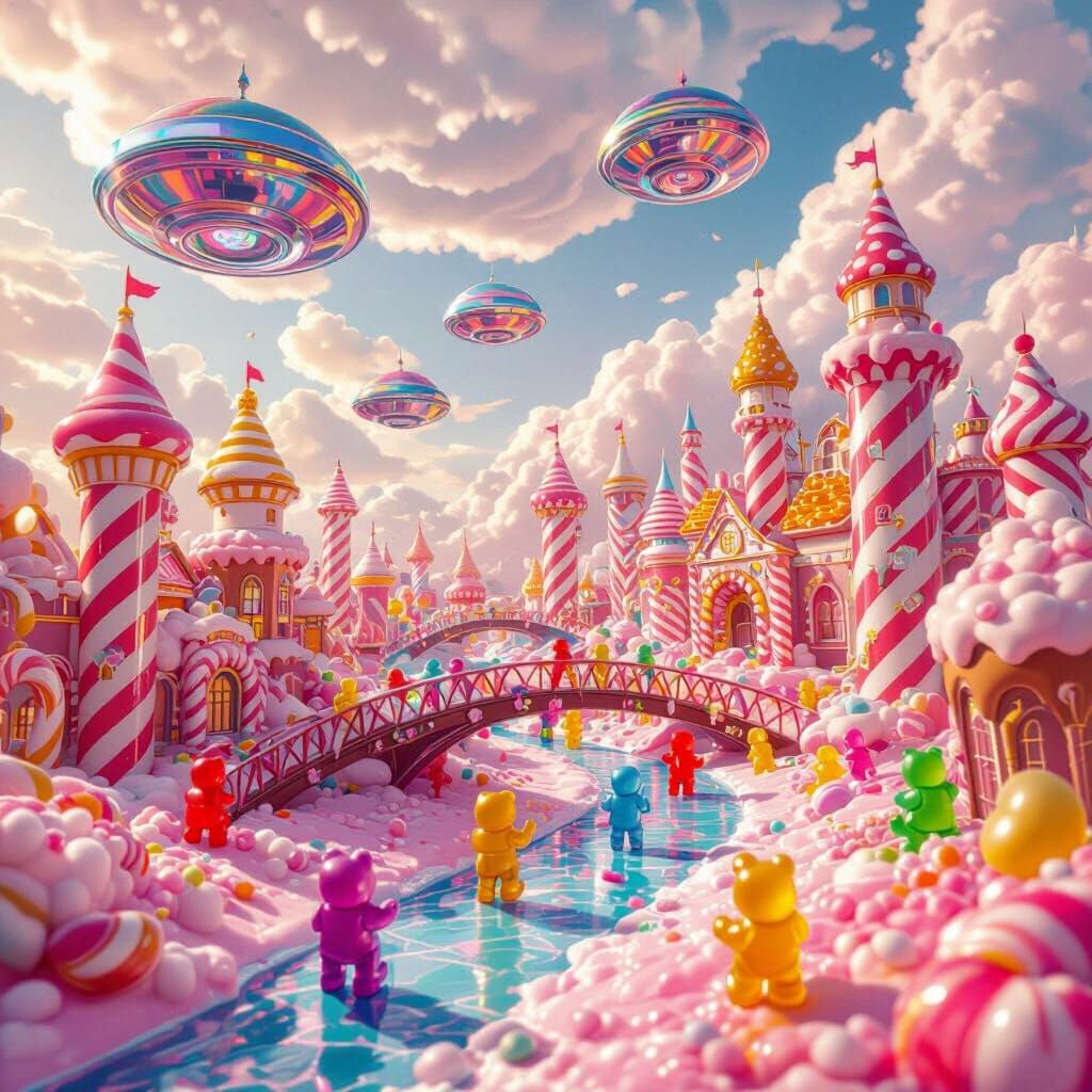A vast candy kingdom with towering castles made of striped candy canes, gumdrop turrets, and chocolate ...  by @undefined
