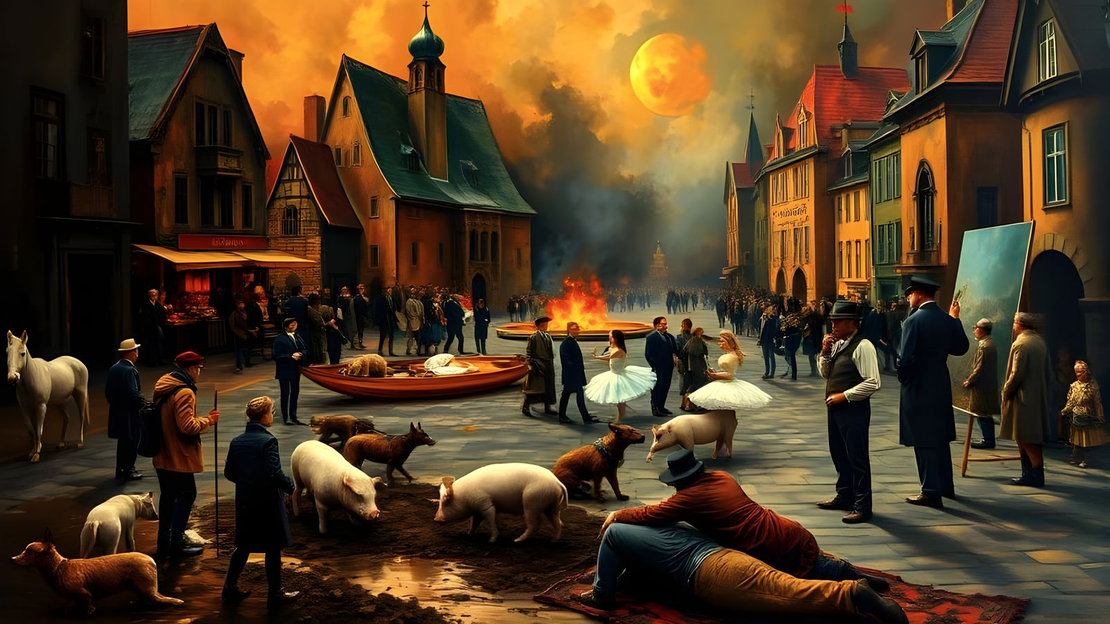 Surrealist Town Square in Earthy Tones with Textured Canvas