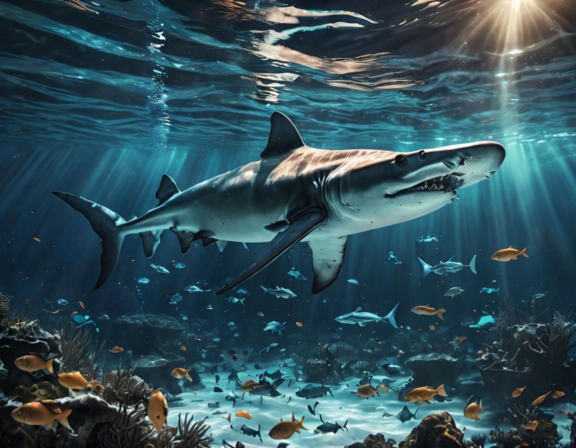 Underwater View Of A Huge Fantastical Glowing Transparent Hammerhead 