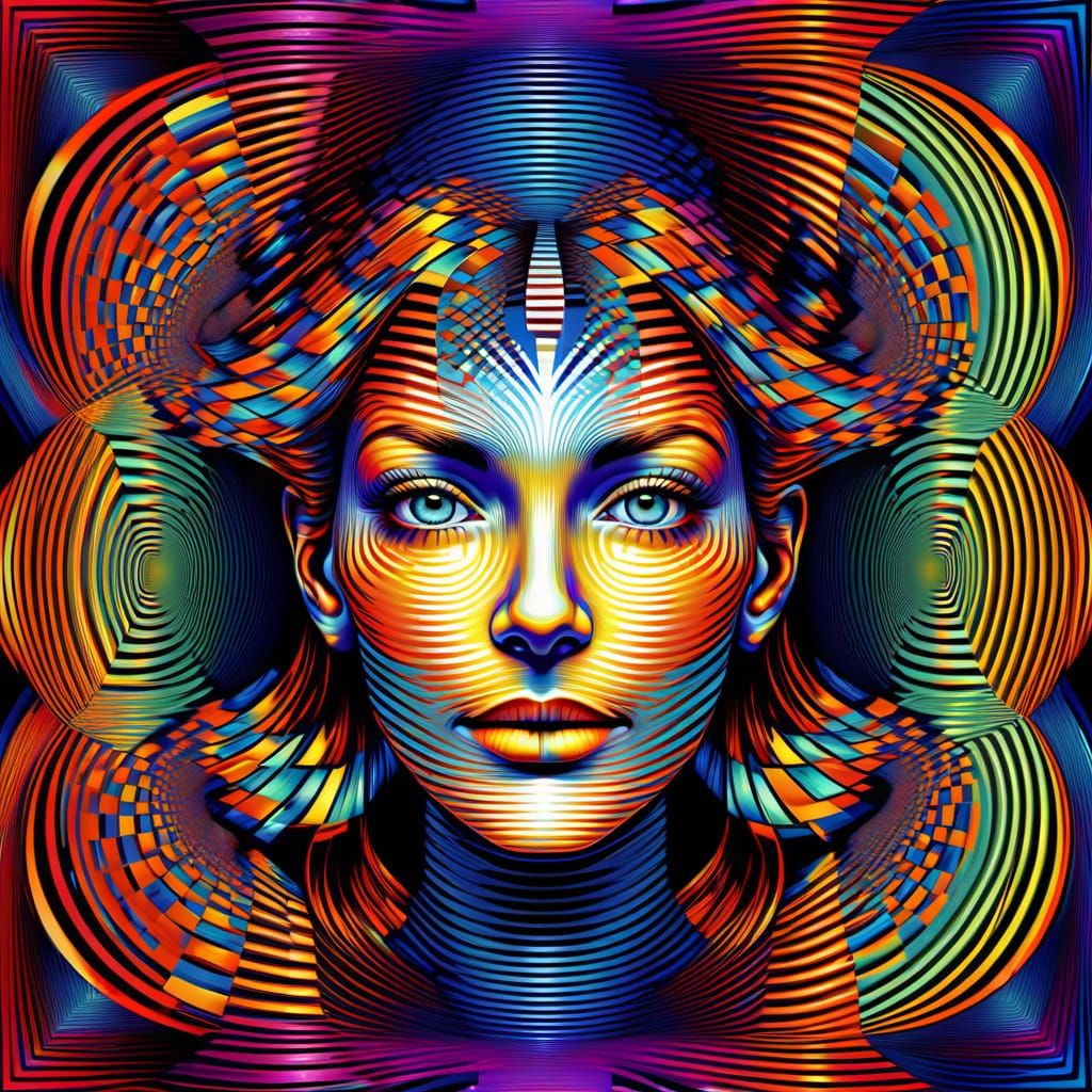 A colorful checkerboard woman face with alternating squares that seem to (((shift and vibrate due to the Moiré effect, creating a hypnotic o...