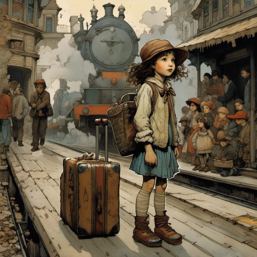The little girl stands on the platform with a lot of luggage and waits for her parents to pick her up, by Posuka Demizu, Arthur Rackham and...
