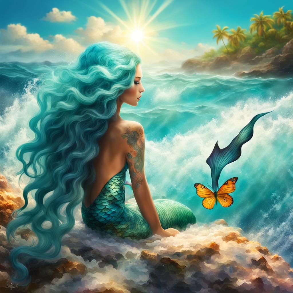 A nice young mermaid, soft curvy body, long curly turquois h...