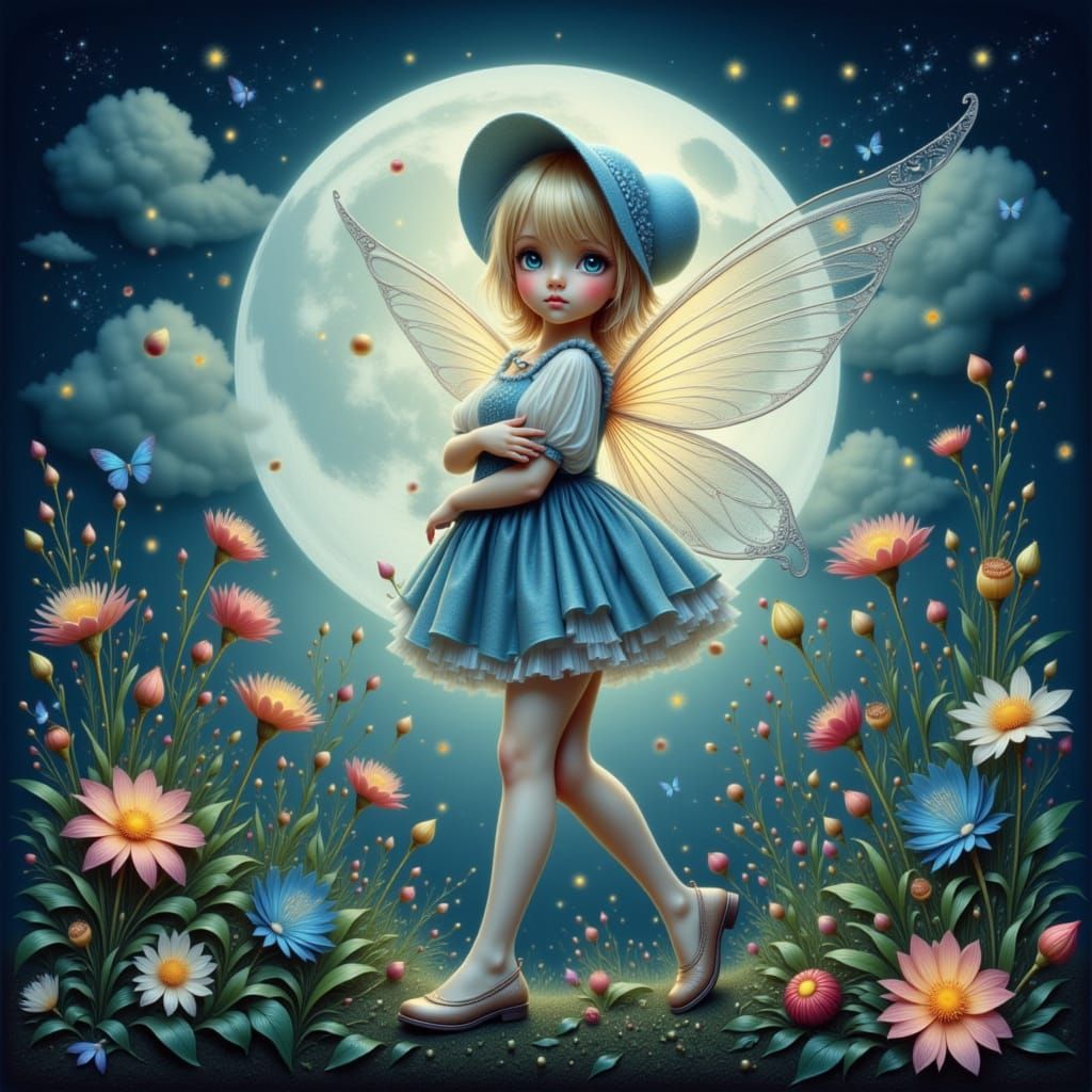 moon, Highly detailed illustratio, epic background, highly detailed cute toon baby, bonnet, long white stocking with dot, blue shorts, silky...