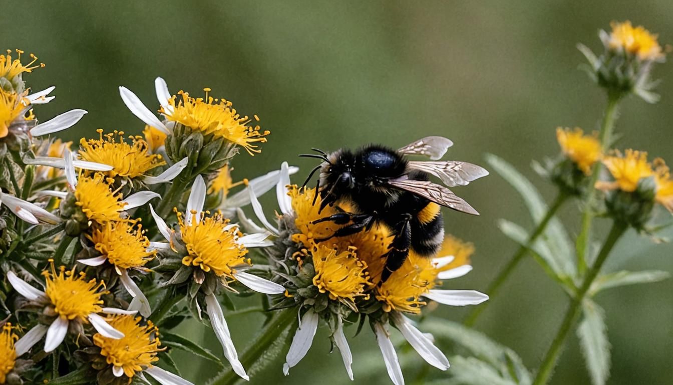 A detailed photo of a fuzzy bumblebee on a flower. The bee i...