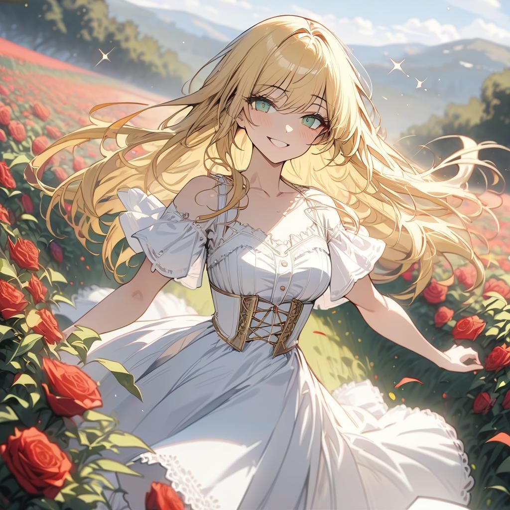 Girl in White Dress Running Through Rose Field