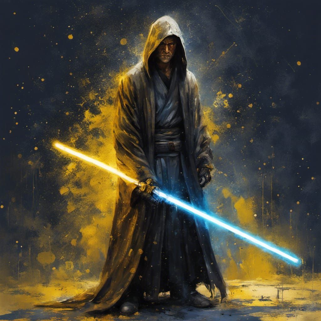 full body portrait of Nate Grey Jedi Knight, holding yellow lightsaber ...