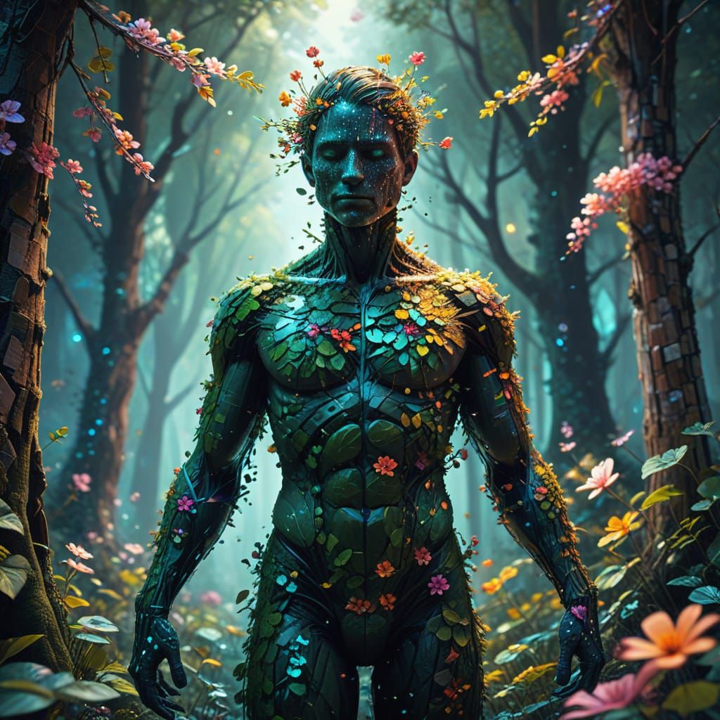 Pixelated Human Merging with Nature: Surreal Digital Art