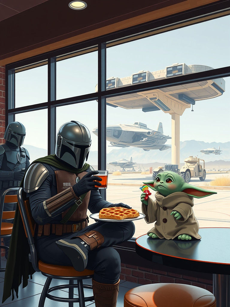 Inside a alien gas station restaurant, the Mandalorian eating waffles and drinking tea and little Baby Yoda with candy  by @somesortafairy