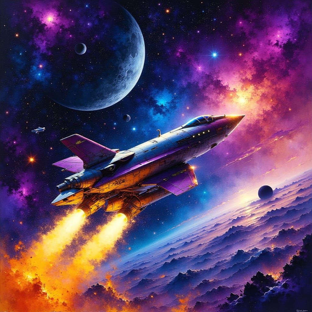 <lora:Akimora:1.0> A time lapsed rocket ship soaring into the galaxy an into a myriad of stars, planets ...  by @AlisonM