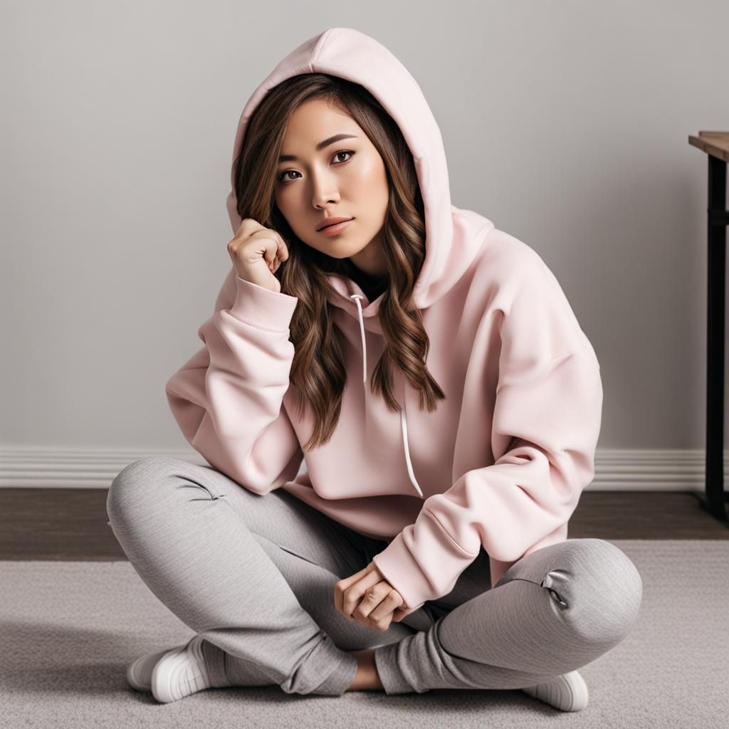 Pokimane sitting cross legged with her hoodie covering her hands - AI ...