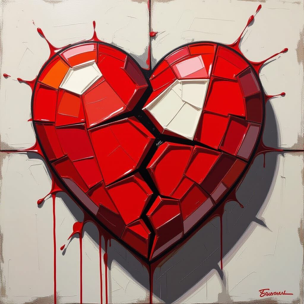Broken Heart Oil Painting with Crimson and White Splatters