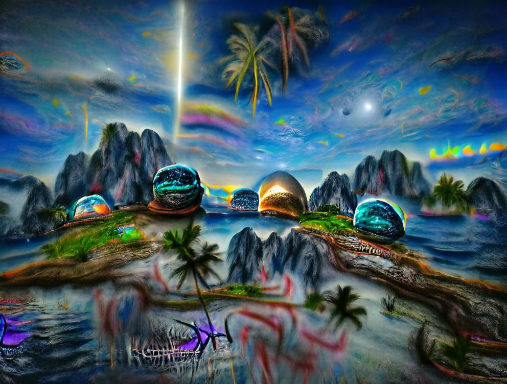 Peaceful island at sunset with galaxies planets moons in the...