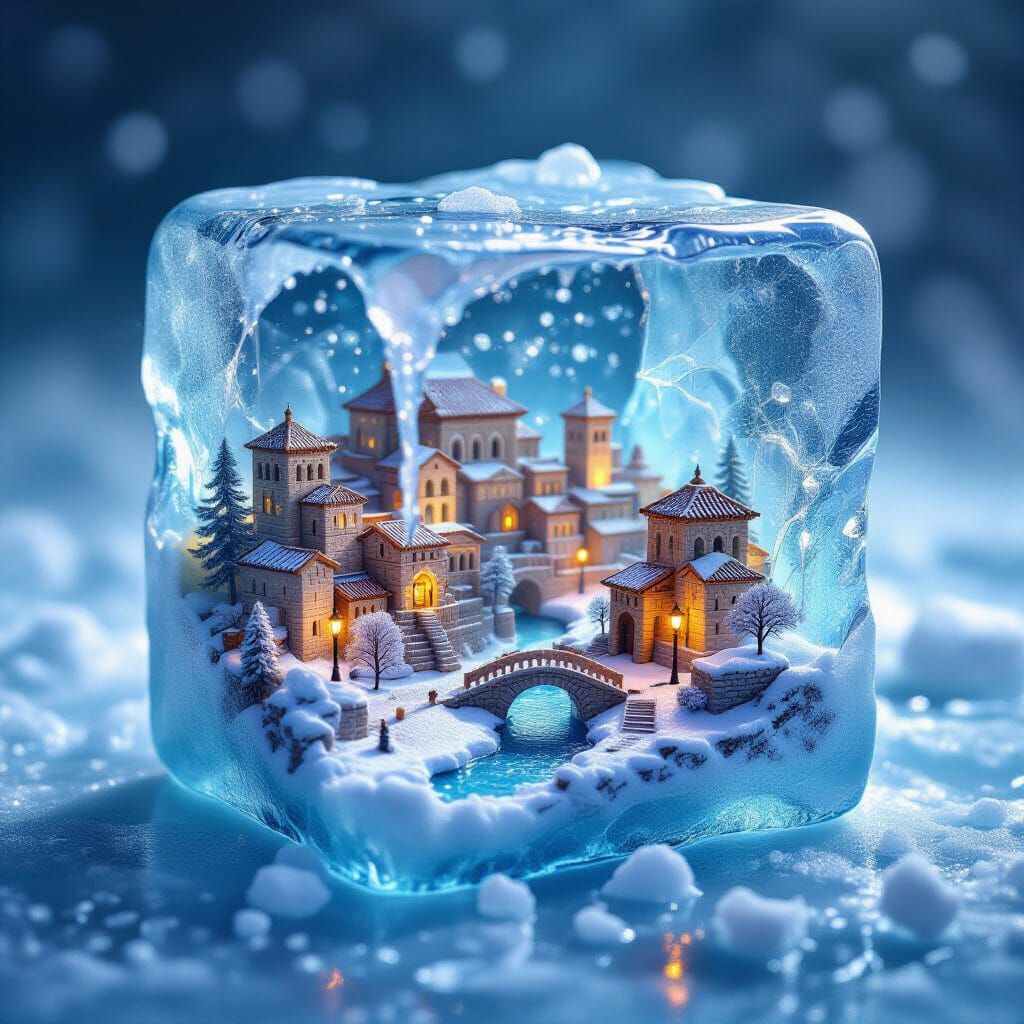 Miniature World Frozen in Melting Ice Cube