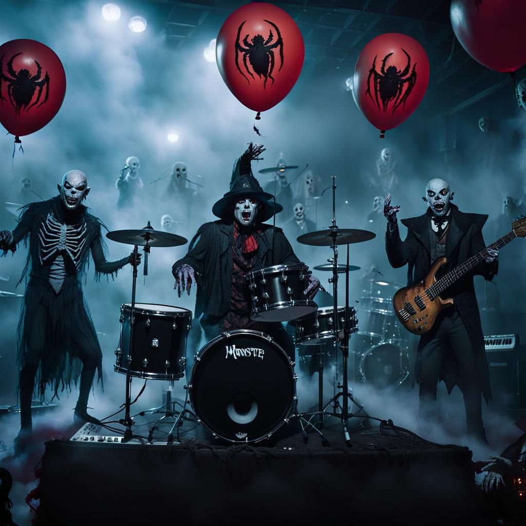 Sinister dark fantasy art. Medium shot. School band performs in spooky attire under dim lights with fog ...  by @Mari