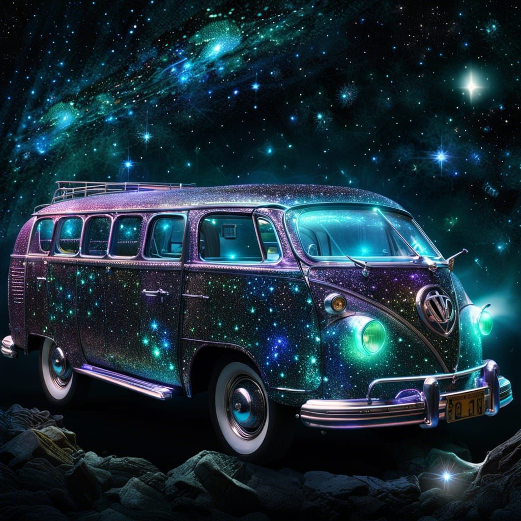 Cosmic Bioluminescent Hippie Hoverbus for Trippy Galactic Adventures  by @Ministress