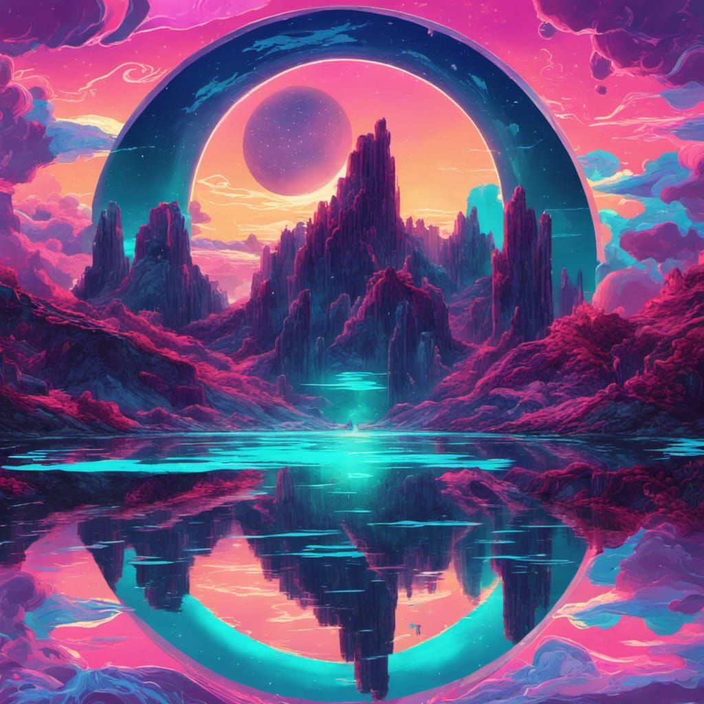 otherworldly fantasy landscape. water reflection, in the style of ...