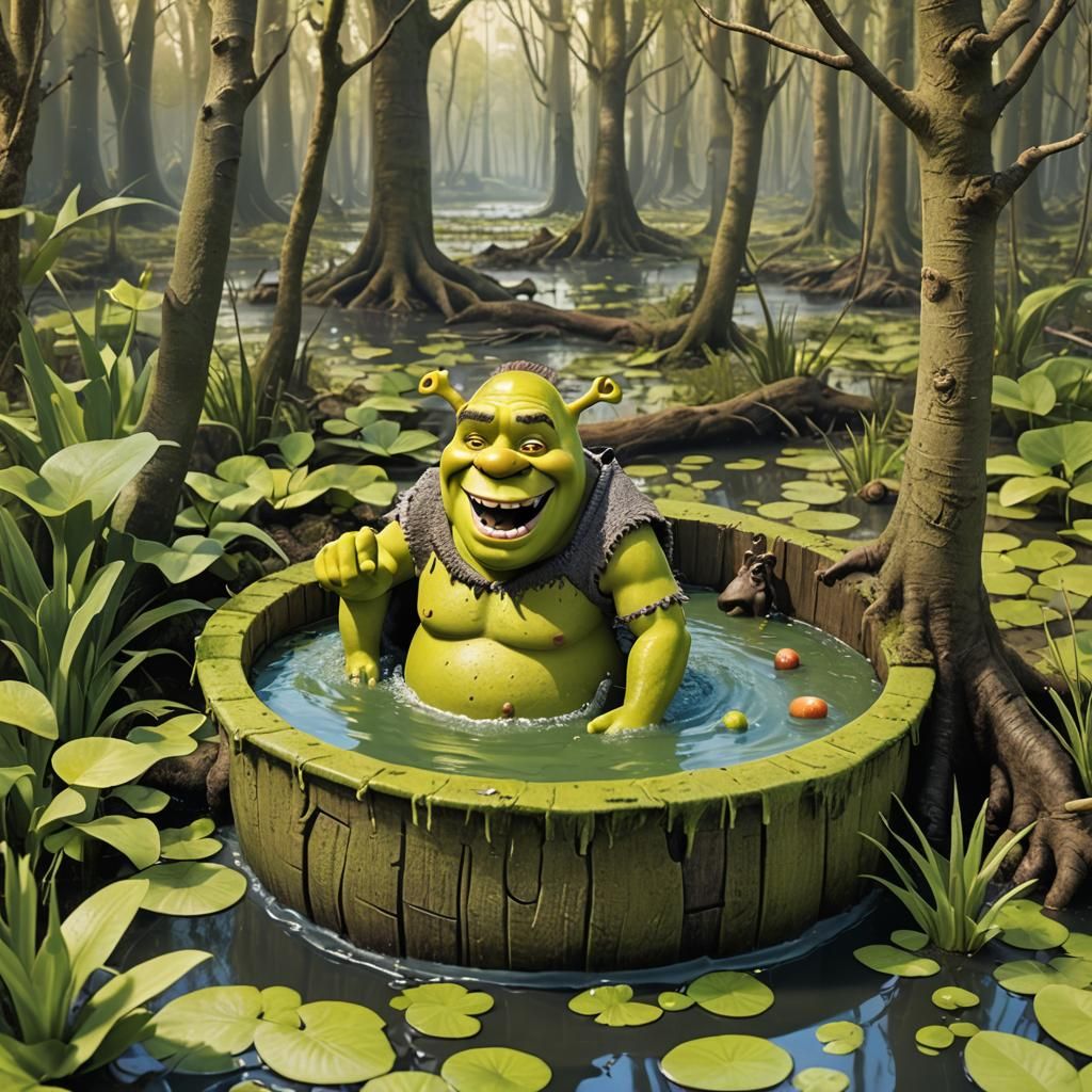 The Shrek is having bath in a swamp inside Out of a Children's Pop Up ...