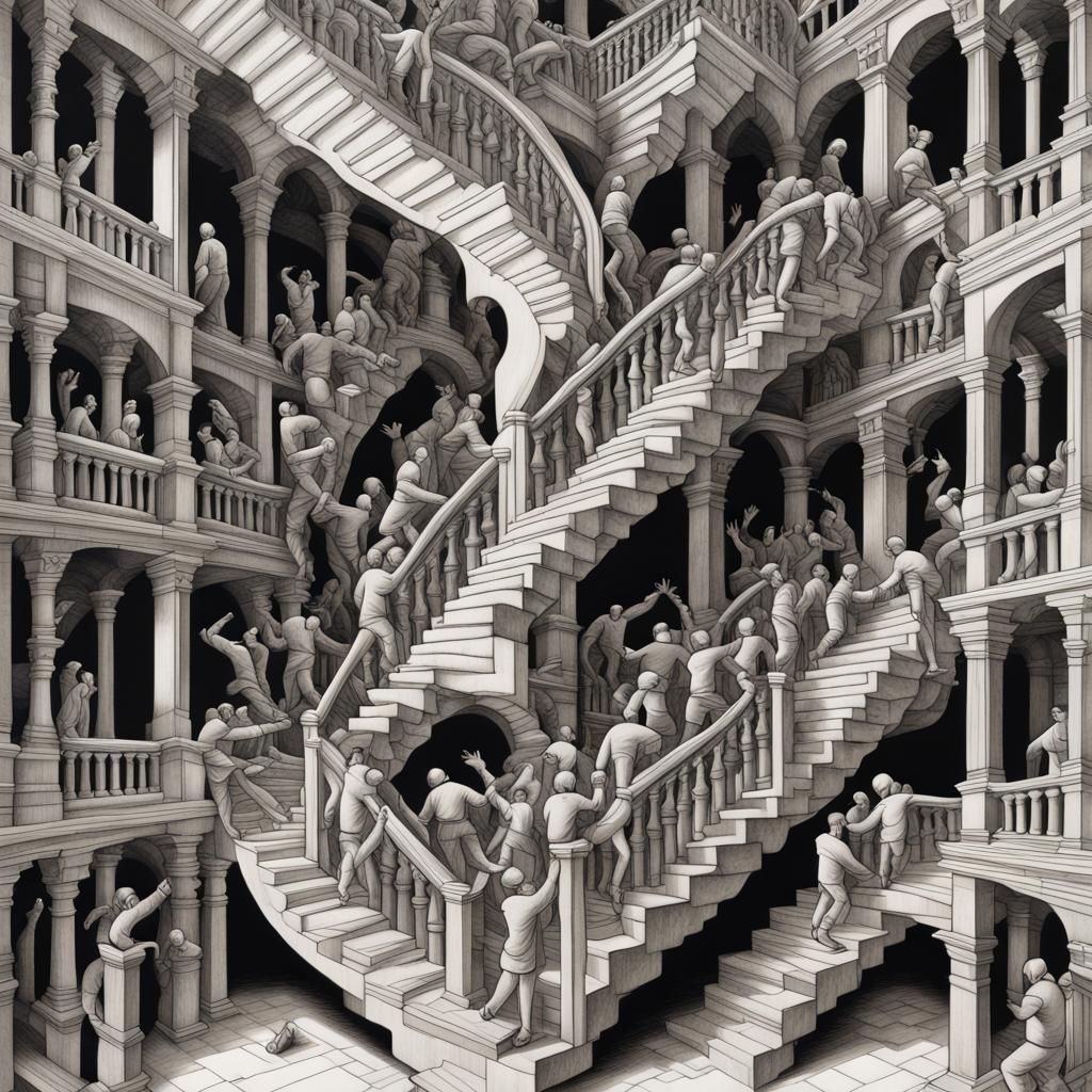 An intricate illustration of an infinite staircase in the style of M.C ...