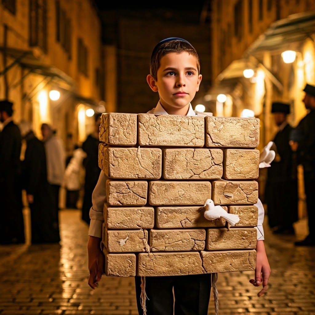 A Young Hasidic Boy in a Masterful Western Wall Costume, Wal...