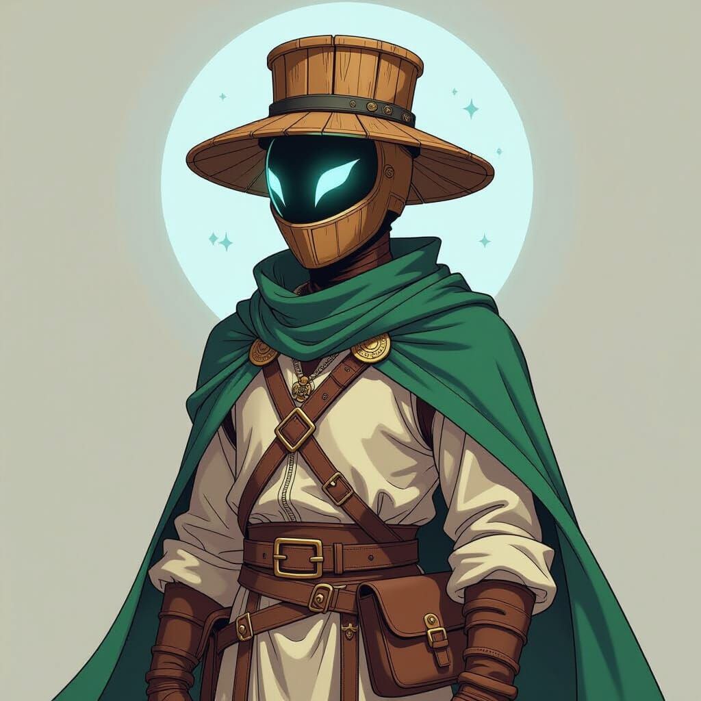 a medieval superhero, peasant style clothing, wears a wooden bucket over his head, has a cape that is a gateway to anoth...