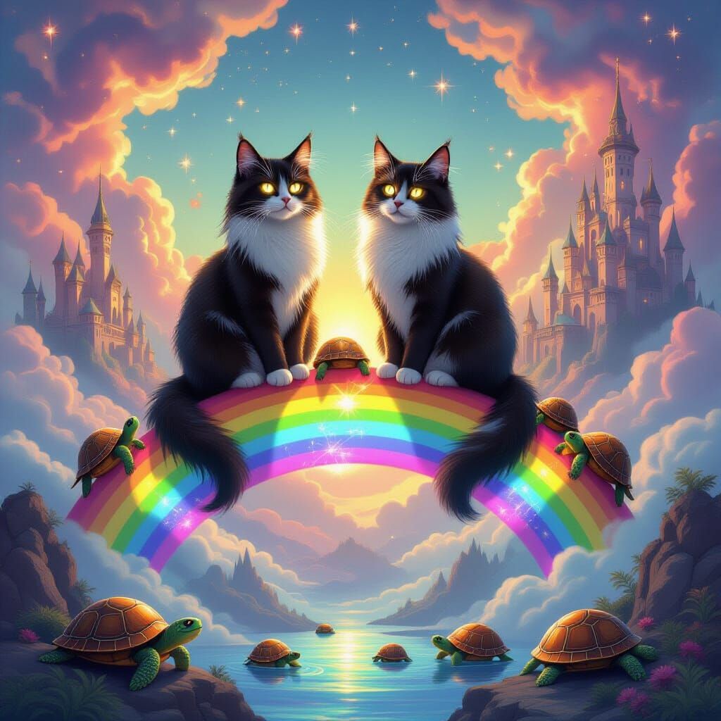 Majestic Cats on Rainbow with Turtles in Fantasy Landscape