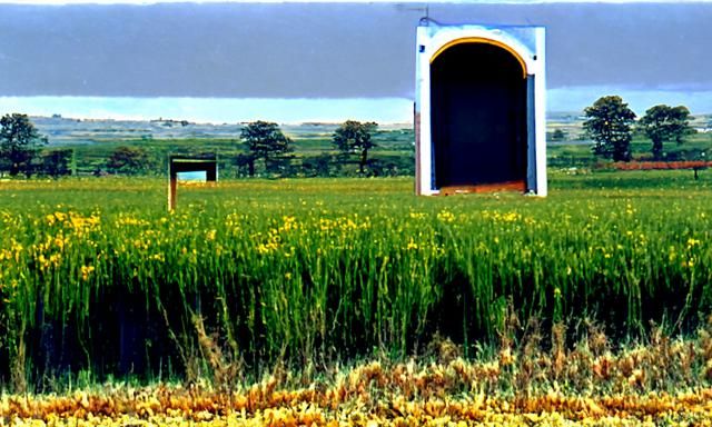 a doorway in an open field landscape