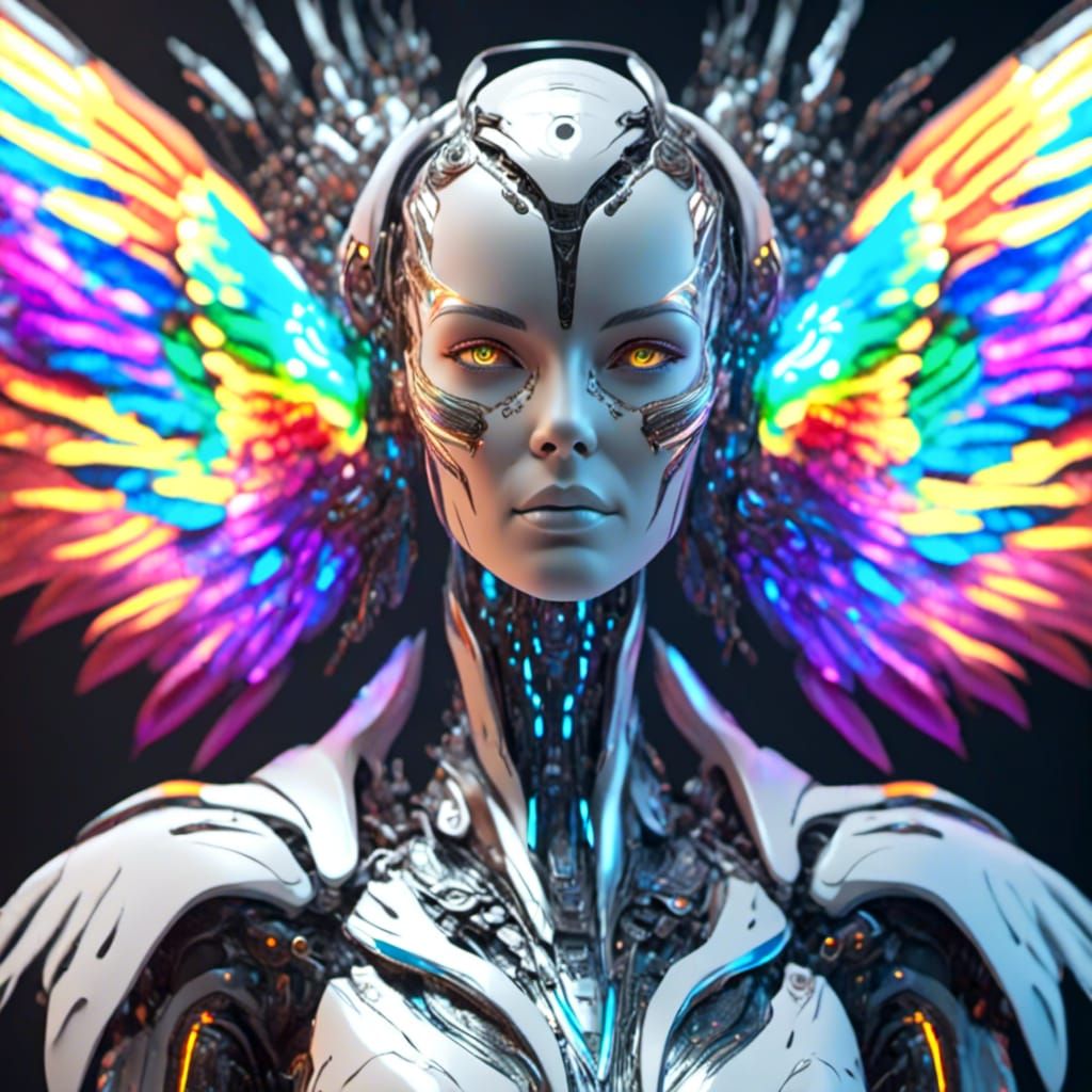 beautiful female robot with huge rainbow <lora:eye:1.0> ange...