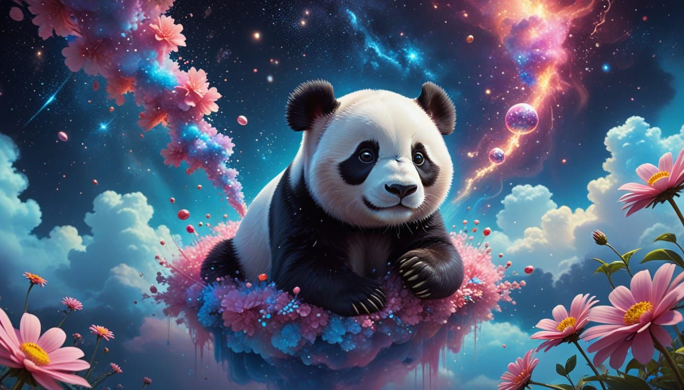 Surreal digital painting. A whimsical panda cub, rendered in a 3D cartoon drawing style, floats gently ...  by @Marco699