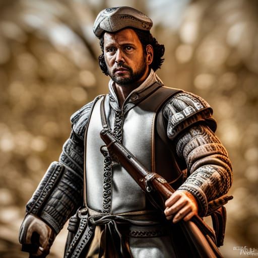 Hernan cortes with a rifle and a bullet proof vest