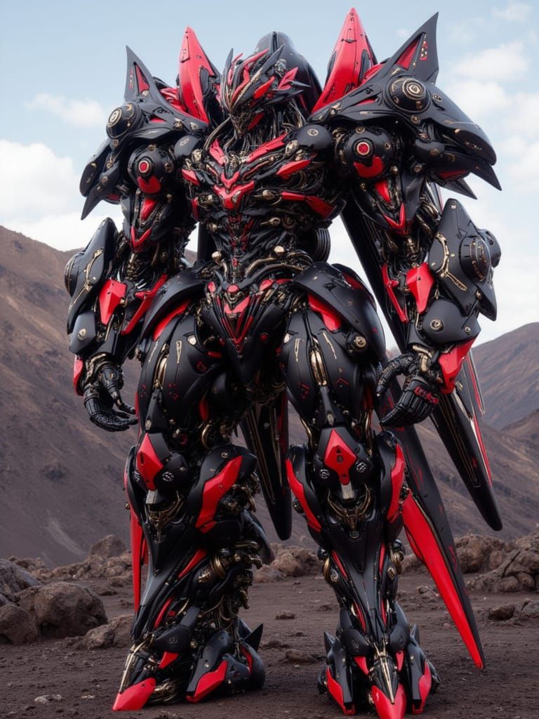 <lora:Mecha Ominous:1.0> A black and red mecha of imposing figures, massive legs, standing on a volcanic desert